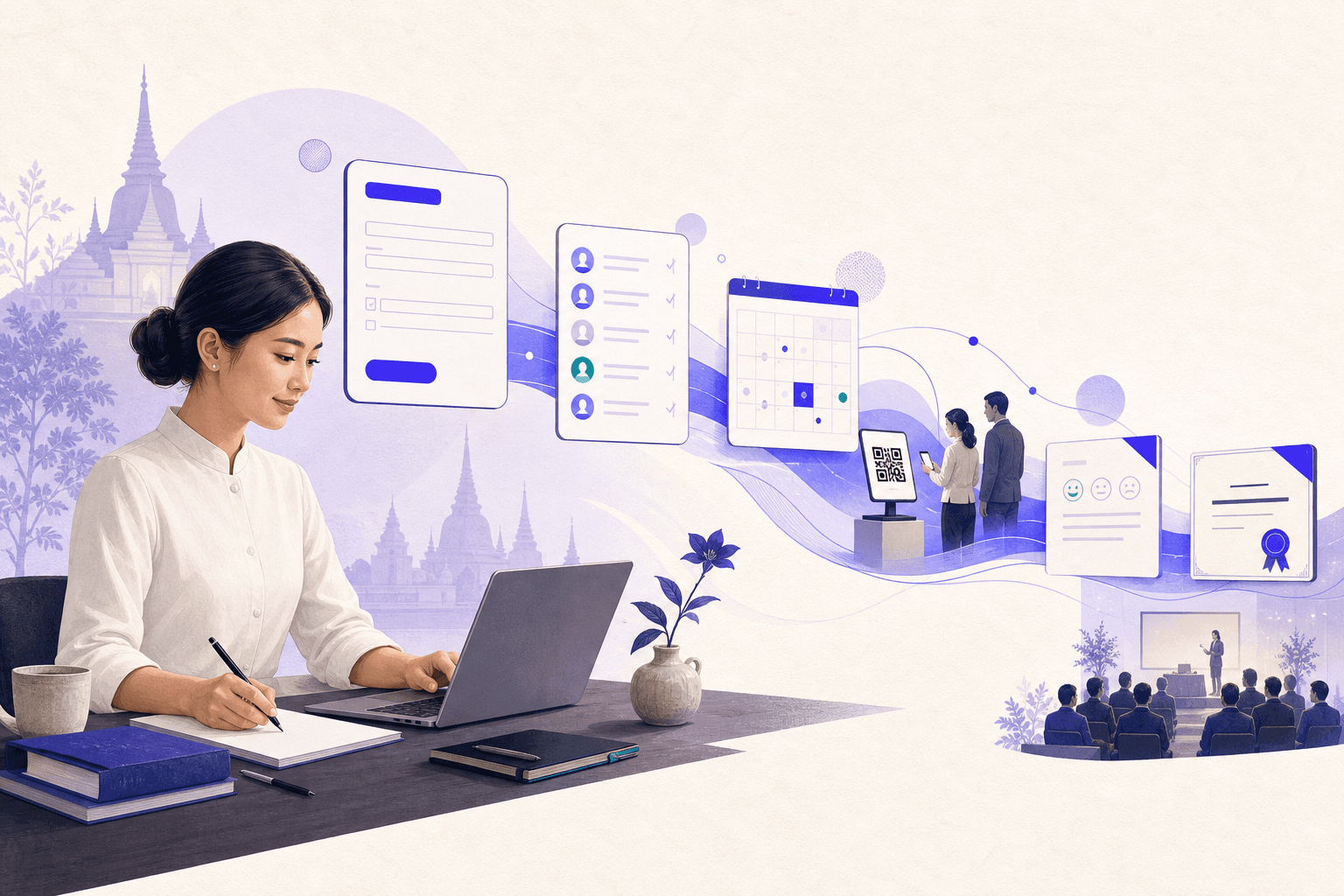 ผู้จัดสัมมนากำลังวางแผน workflow ตั้งแต่ลงทะเบียนถึงออกใบประกาศ